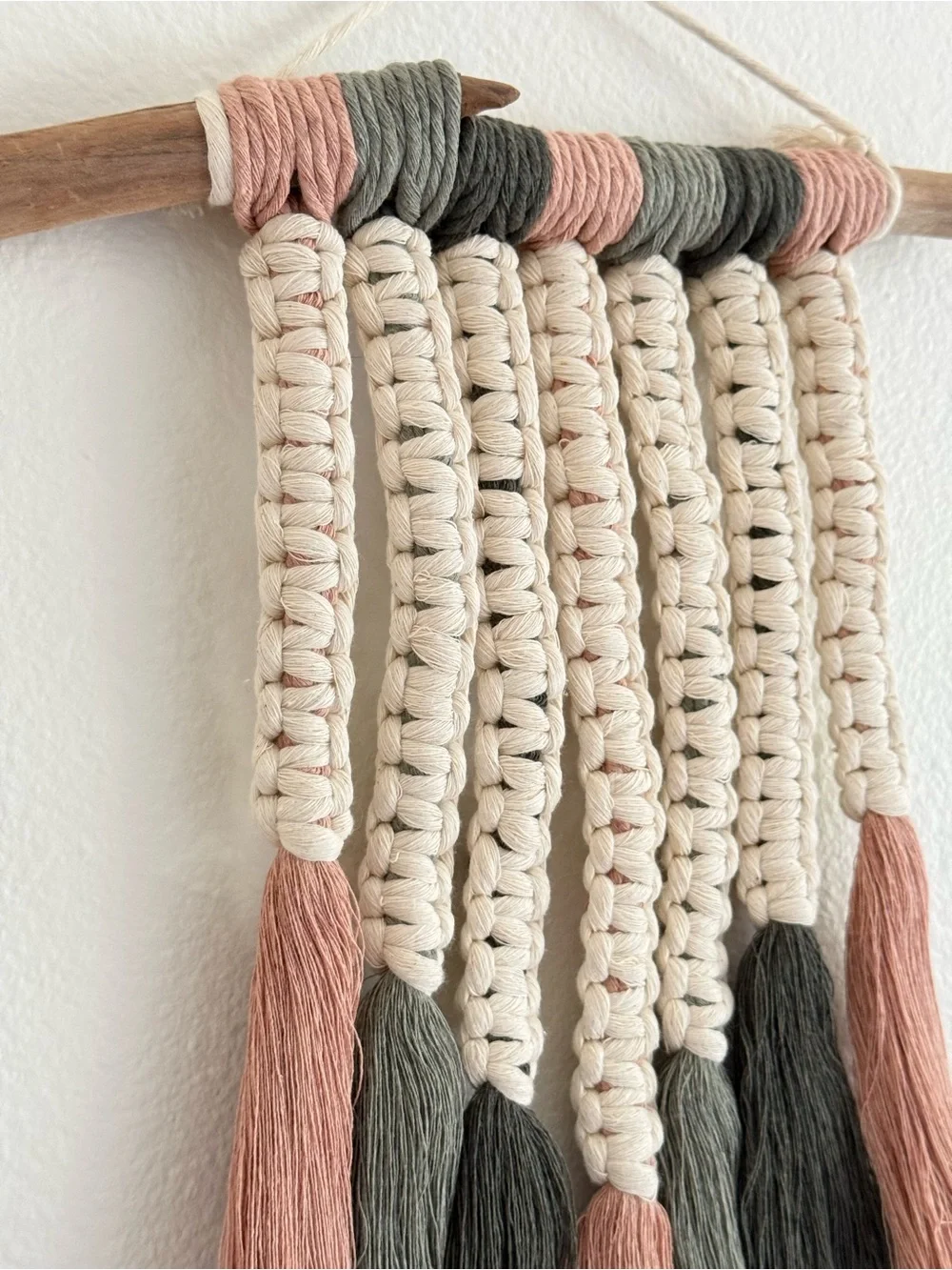 Boho style Handmade Macrame Wall Hanging in Cream, Pink & Green
